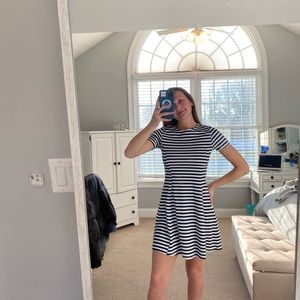 White and blue striped short sleeve dress